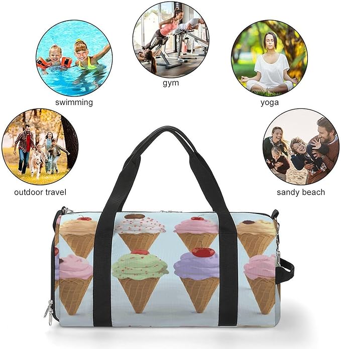 Oxford Cloth Ice Cream Cones Gym Bag,Duffle Bag with Shoes Compartment And Adjustable Shoulder Straps，Weekender Bags for Men Women.