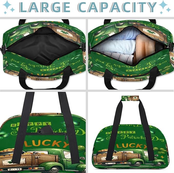 Travel Duffle Bag for travel duffle bag sports Girls Boys Kids St Patrick's Day Truck Lightweight Overnight Sleepover Weekender Bags Small Dance Gym Sport Bag Teens Carry-On Size Workout Bag