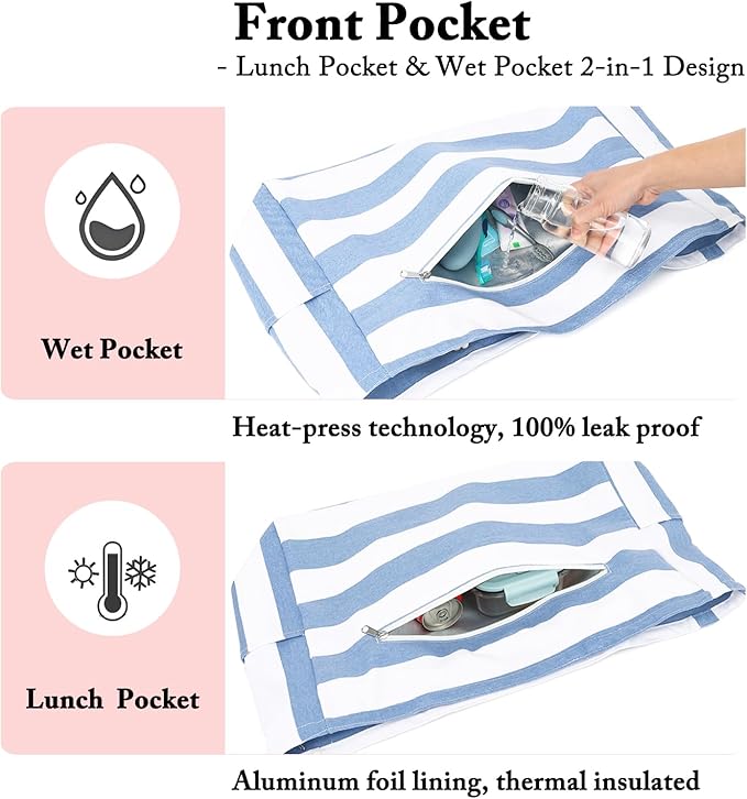 Large Canvas Beach Bag for Women, Beach Bags Waterproof Sandproof with Zipper & Wet Bag Cruise Essentials