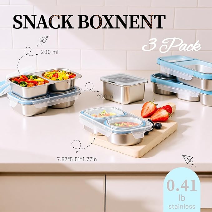 3 Pack Stainless Steel Snack Containers For Kids Adults, 2 Compartment Reusable Metal Snack Boxes With Leak-Proof Lids, Compact Lunch Food Storage Container