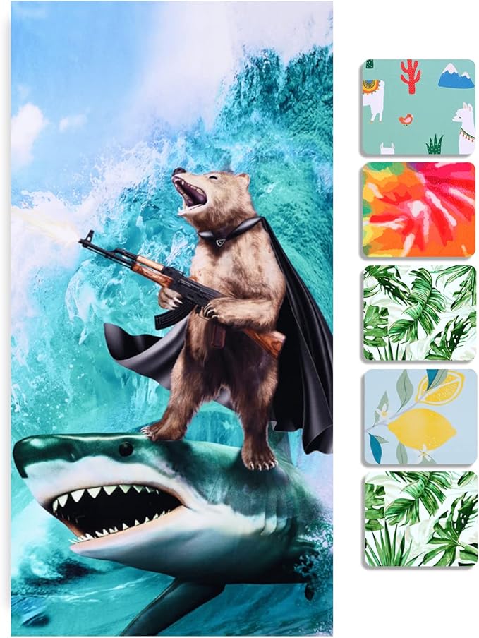 LIVILAN Funny Shark Bear Beach Towel, 30" x 60" Oversized Microfiber, Soft, Quick Dry, Sand Free, Ideal for Bath, Pool, Travel, Unique Shark & Bear Gifts for Men, Boys, Teens