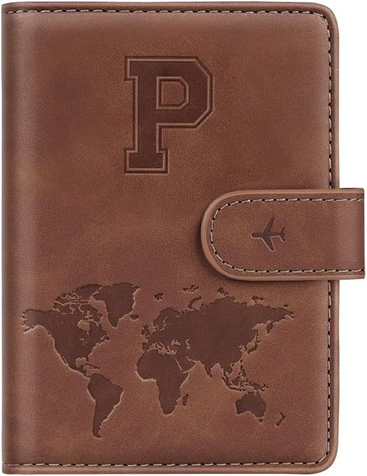 Passport Holder Cover Personalized Initial Letter A-Z Travel Wallet RFID Blocking Passport Cover Passport Book Holders for Women and Men, Brown-P