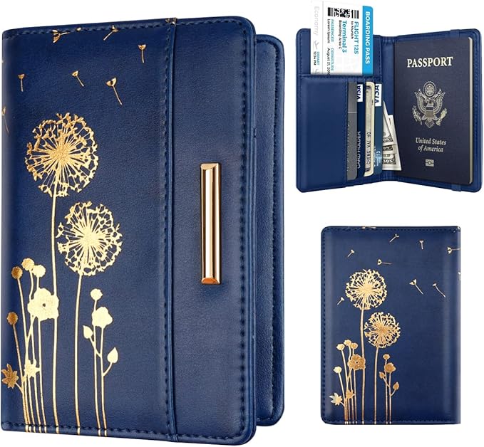 Women's Fashion Dandelion Passport Wallet, Blue, RFID Blocking, 7 Compartments, Faux Leather