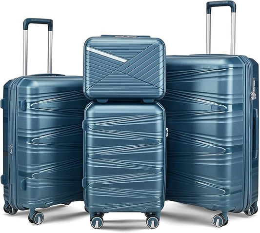 4 Piece Luggage Set PP Hardshell, Expandable Suitcase Set (20/24/28) with 14" Cosmetic Case, Lightweight Spinner Wheels with TSA Lock, Detachable Wheels for Nesting Storage (Peacock Blue)