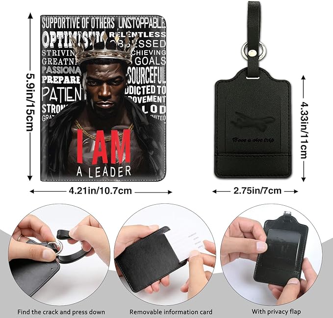 Passport Holder Women Wallet with Luggage Tag, Leather Passport Cover with RFID Blocking, Travel Accessories Multi Card Slot Passport Case for Men，Black Crown King