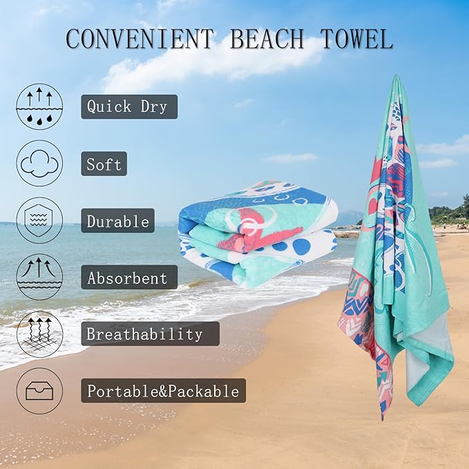 Beach Towel Microfiber 60"x30" Lightweight Sand Free Absorbent Quicy Dry Colorful Turtle Travel Towels Swim Pool Yoga Gym Camping for Adults Women Girls Kids Beach Essentials Accessories