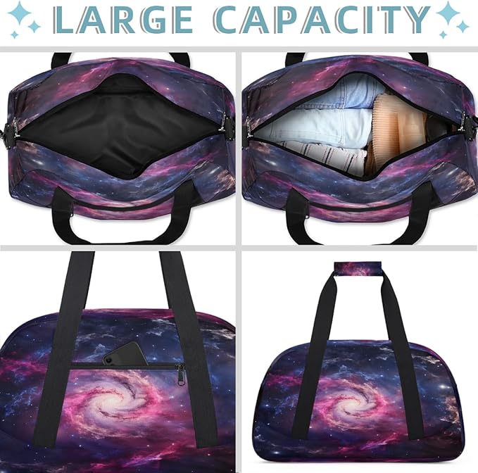 Travel Duffle Bag, Pink Purple Nebula Waterproof Weekender Overnight Bags for Women Men Lightweight Carry on Duffle Gym Bag for Travel, Sports, Fitness, Workout