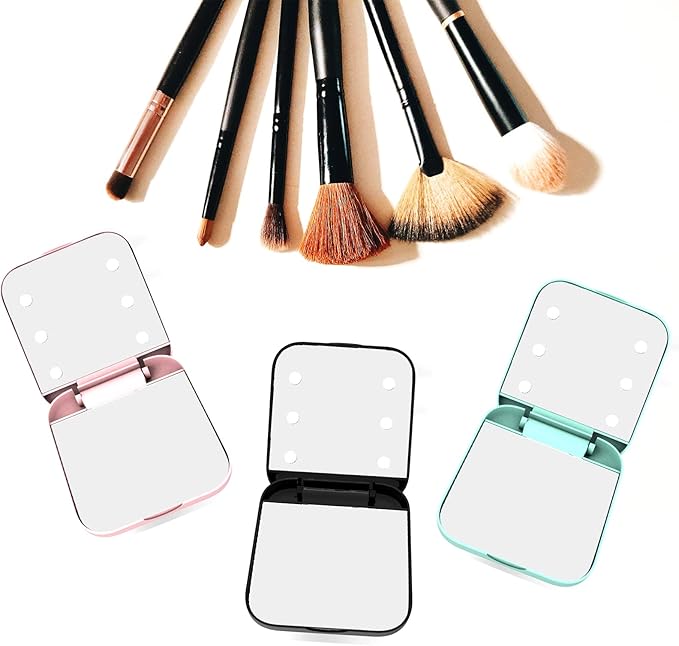 Compact Pink Travel Mirror - 3X Magnification & LED Lights for Makeup - Folding Handheld Mirror
