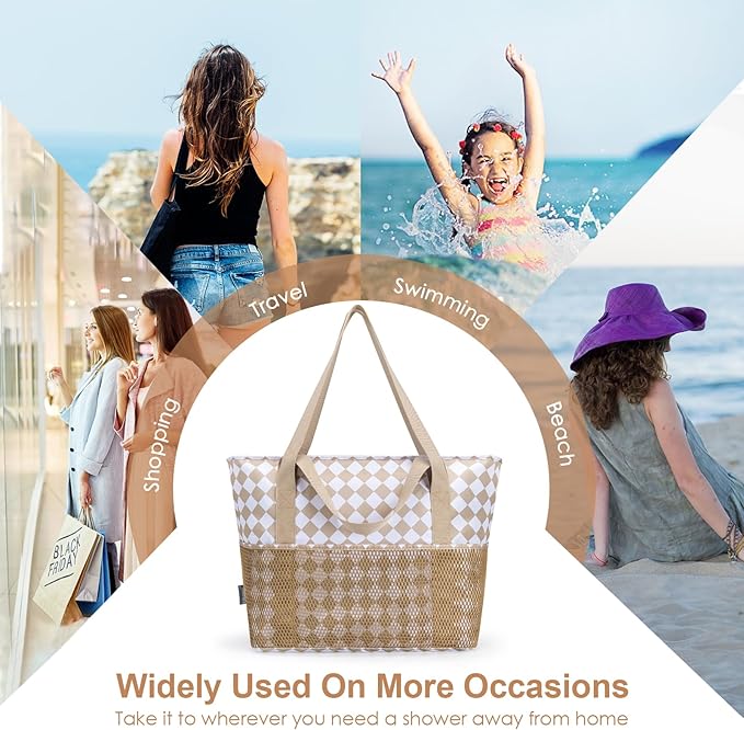 KABAQOO Large Beach Bag Waterproof Sandproof Tote Bag for Women with Zipper & Mesh Pockets for Pool Swim Travel Everyday