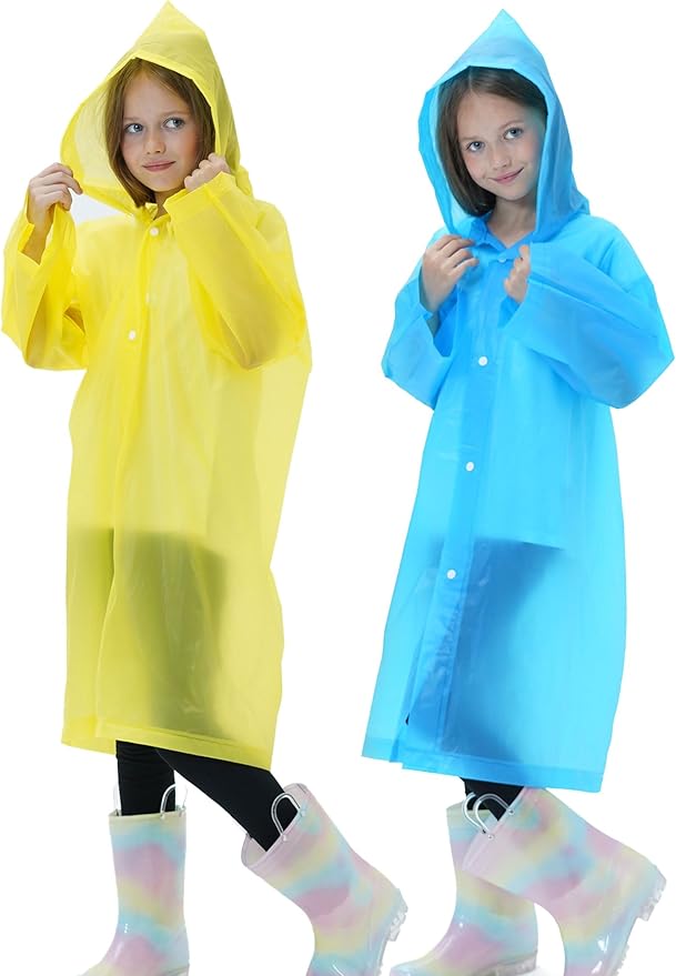 2 Pack Raincoats for Kids, Reusable Rain Ponchos with Hood and Sleeves Rain Coats for Boys and Girls