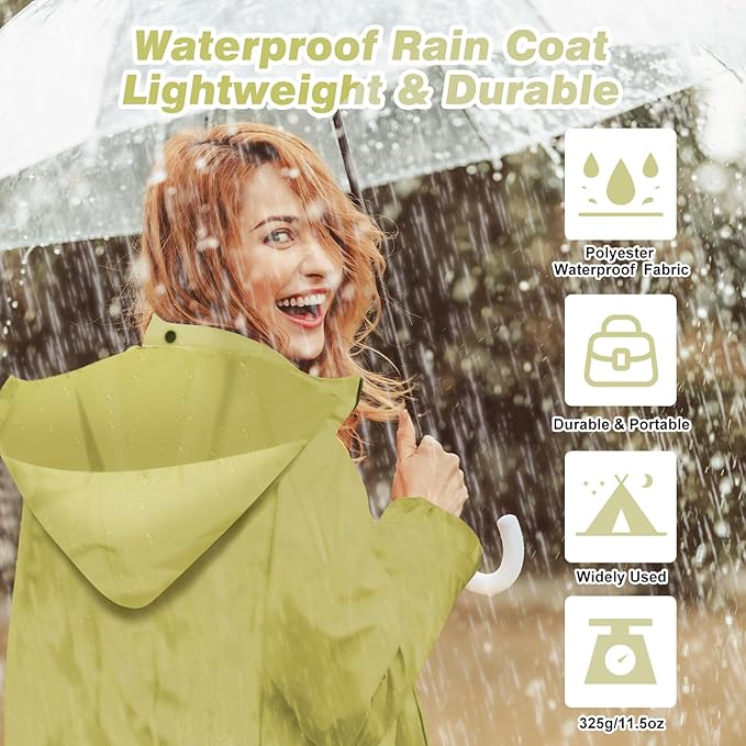 LAMA Womens Long Raincoats Rain Jacket Waterproof Packable Hooded Windbreaker Lightweight Adjustable Waist for Outdoor