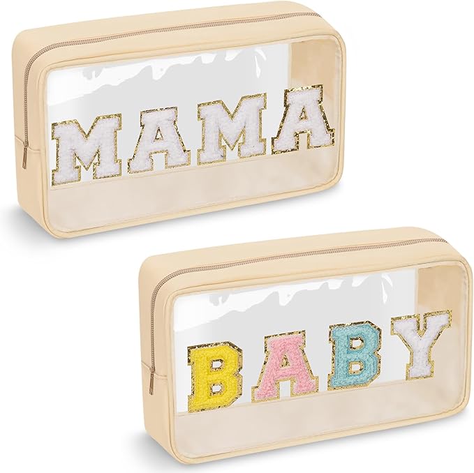 2 Pcs Chenille Letter Clear Makeup Bag Mama Baby Pouch, Mama Baby Hospital Duffle Bag Clear Diaper Bag Organizing Pouches with Zipper, Travel Baby Toiletry Bag Nylon Cosmetic for Women Girl(MAMA+BABY)