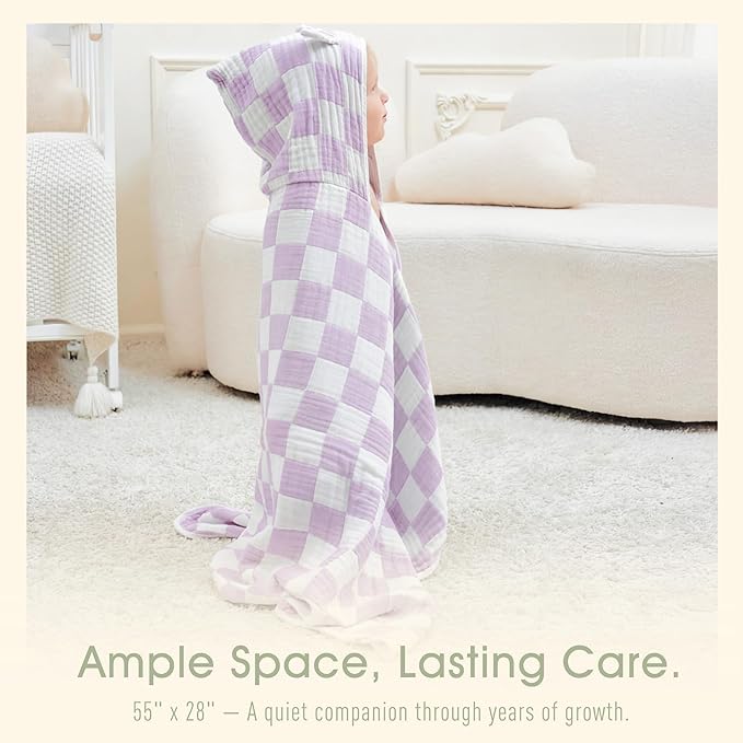 Ultra-Soft Muslin Toddler Hooded Towel - 55 x 28 Inches, Ideal for Bath & Beach, Suitable for Both Boys & Girls from Newborns to Toddlers（Lavender Check）