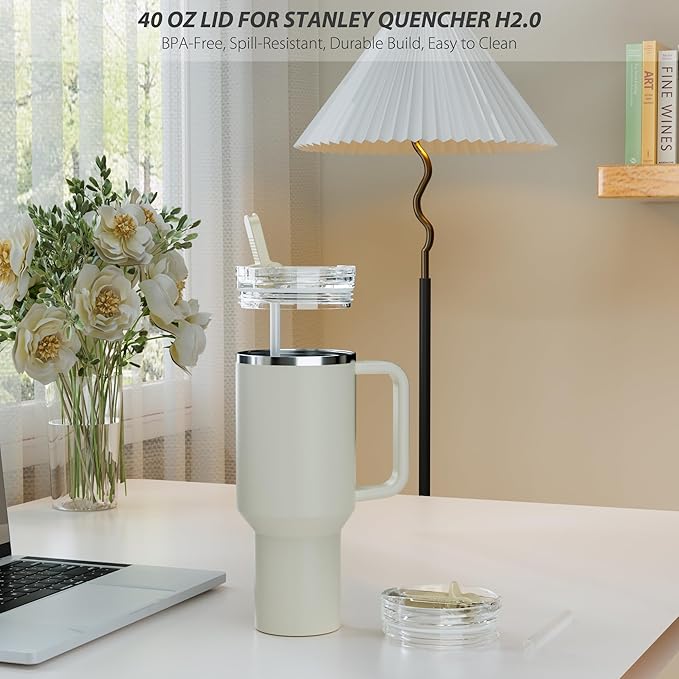 2 Pack Flip Straw Lid for Stanley 40 oz Quencher H2.0 & ProTour (Cream)