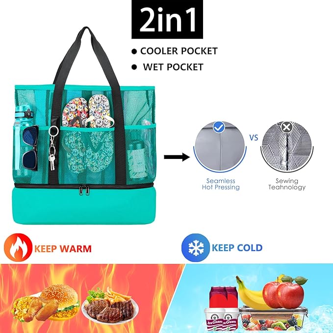 Beach Bag with Cooler,Mesh Beach Bags for Women Sandproof for Pool and Swimming Travel Daily with Durable 8 Pocket