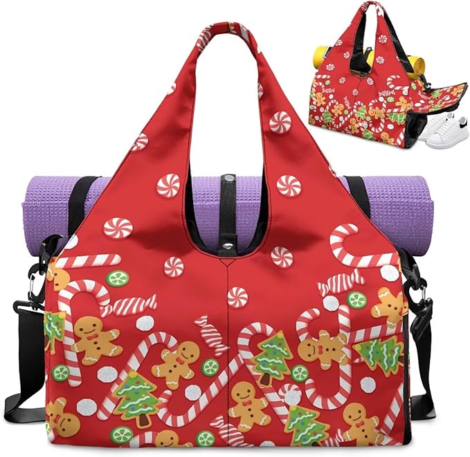 Christmas Candy Cane Gingerbread Women Duffle Bag for Travel Carry On Gym Bag with Shoes Compartment & Yoga Mat Strap Sports Camping Overnight Weekender Bags for Christmas Outfits