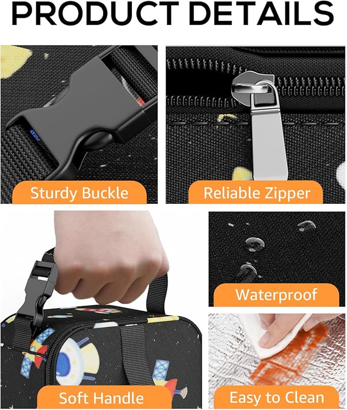 HowFly Small Insulated Snack Bag for Kid - Lunch Bag Box for Women/Men - Collapsible Reusable Lunch Cooler Bags for Bottle with Handle Buckle for Work School - Spaceman