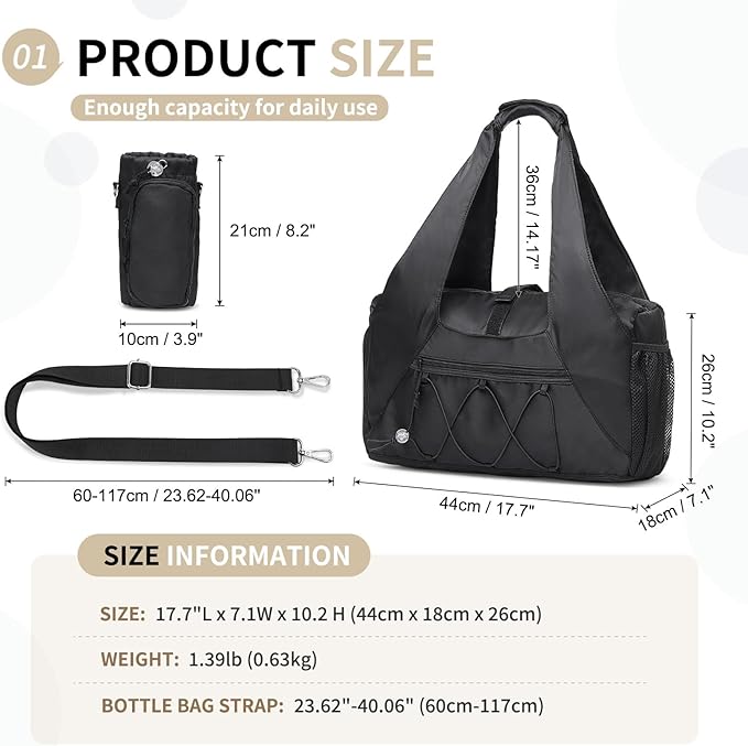 Small Gym Bag for Women, Mini Duffel Bag with Shoe Compartment, Cute Sports Tote Bag Dance Yoga Mat Luggage with Crossbody Water Bottle Bag, Black