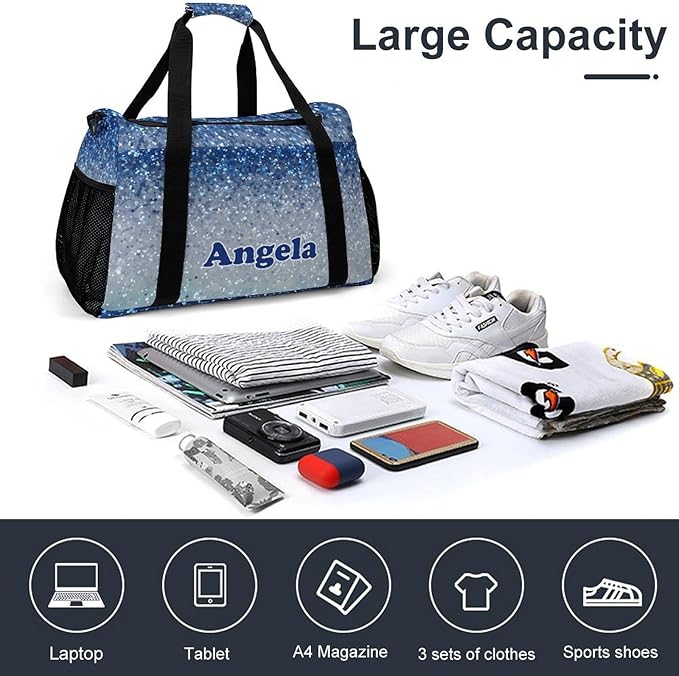 Blue Sparkly Print Custom Sports Bag Names for Adult Personalized Name Duffle Gym Bag Travel Weekender Lightweight Bags