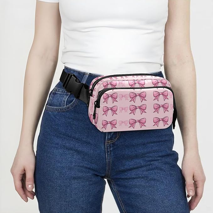 Cute Pink Bows Fanny Pack for Women Men Water Resistant Fashion Waist Packs with Adjustable Strap Belt Bag for Travel Workout Jogging Hiking 21220637