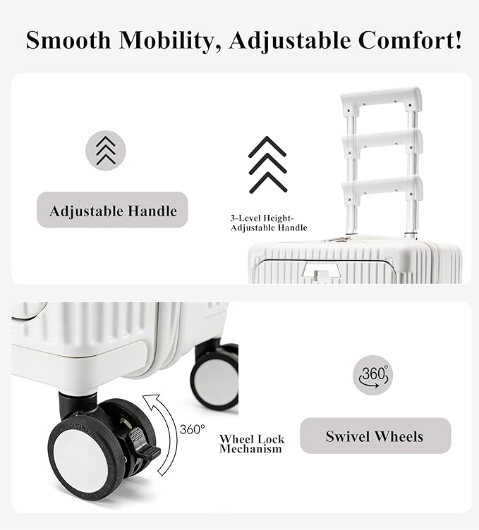 feilario 20in Hardside Spinner Wheel Luggage with Zipper Closure, Built-In TSA lock Carry on Suitcase, with Cup Holder & USB Port & Phone Holder White(with zipper closure, 20in)