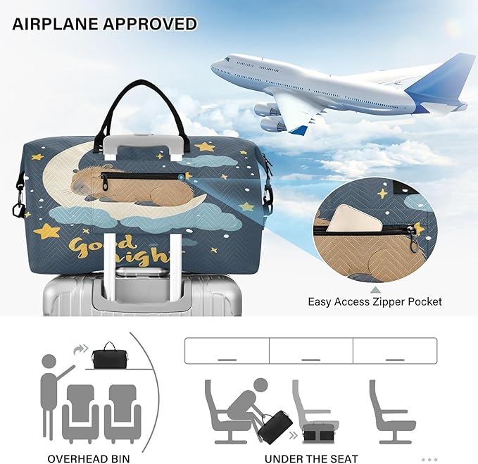 Travel Duffle Bag, Good Night Moon Capybara Gym Bag with Storage Bag Weekender Overnight Bag for Men Women Trip Sports Yoga