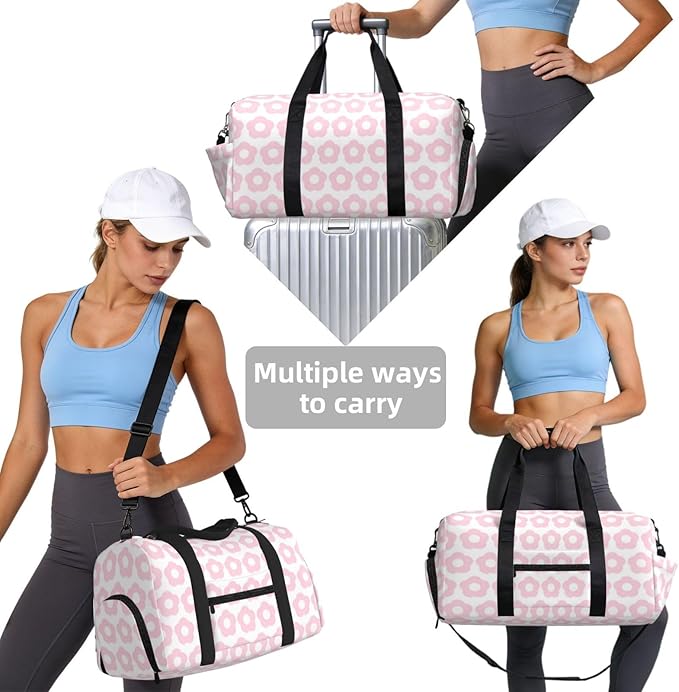 Cute Pink Floral Pattern Retro Women'S Gym Duffle Bag With Shoes Compartment, Ideal For Travel, Gym, Sports, Duffel, Weekender