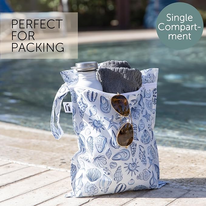 Bumkins Roamio Waterproof Wet Bag for Baby, Travel, Swim Suit, Cloth Diapers, Pump Parts, Pool, Beach, Gym Clothes, Toiletry, Hook to Stroller, Daycare, Zip Reusable Wetdry Packing Pouch, Blue Shells