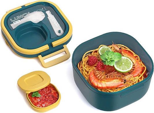 Bento Box for Adults & Kids – Single Compartment Lunch Box,Food Container,BPA-Free,Microwave & Dishwasher Safe with Removable Divider,Utensils & Sauce Jar-Blue
