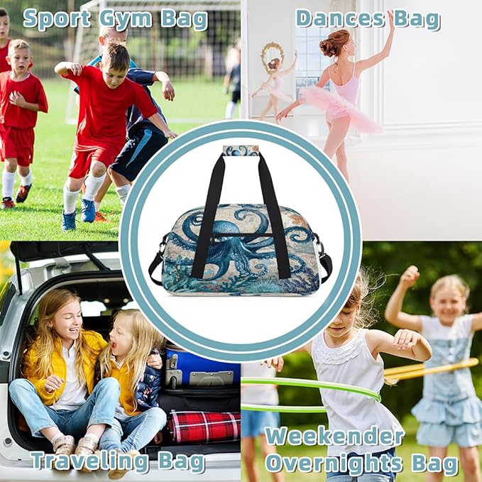 Travel Duffle Bag for travel duffle bag sports Girls Boys Kids Octopus Sea Retro Lightweight Overnight Sleepover Weekender Bags Small Dance Gym Sport Bag Teens Carry-On Size Workout Bag