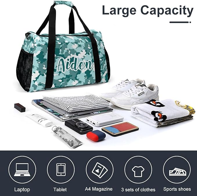 Duffle Bag, Personalized Name Camouflage Camo Teal Blue Pattern Travel Bag, Lightweight Gym Training Sports Bags Custom Unisex Gifts for Men Women