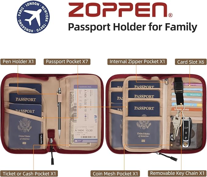 ZOPPEN Passport Holder Family RFID Passport Wallet, Passport Holder Women/Men, Travel Wallet Documents Organizer Zipper Case with Removable Wristlet Strap, Travel Essentials for Flying