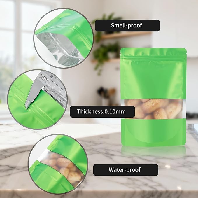 100pcs 5.9"x8.6" Mylar Bags with Matte Window for Food Storage,5 Colors Mixed Smell Proof Bag Resealable Food Storage Bags for Home Small Business, Stand-up Foil Pouch for Packaging Freeze Dried Candy
