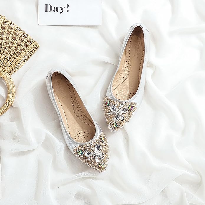 Women Ballet Flats Sparkly Rhinestone Wedding Ballerina Shoes Pointed Toe Foldable Comfort Slip on Flat Dress Shoes