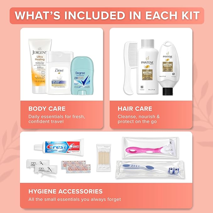 TrekTote 15 Piece Set Women’s Travel & Hygiene Kit with Clear Toiletry Bag, Personal Care Essentials, Single Kit or Bulk Case Packs