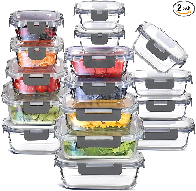 EATEX 32pc Glass Storage Containers with Lids, 16 Glass Food Storage Containers with 16 Airtight Lids for Pantry & Kitchen, Meal Prep Containers for Lunch, Oven Freezer Microwave & Dishwasher Safe