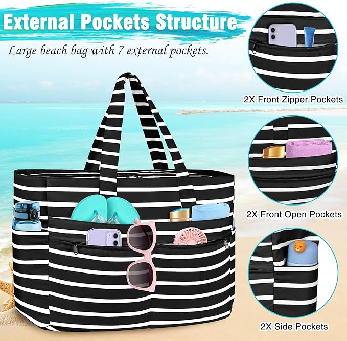 HUANLANG Extra Large Beach Bag Waterproof Beach Totes Bags for Women Men,Pool Bag with Zipper Wet Pocket