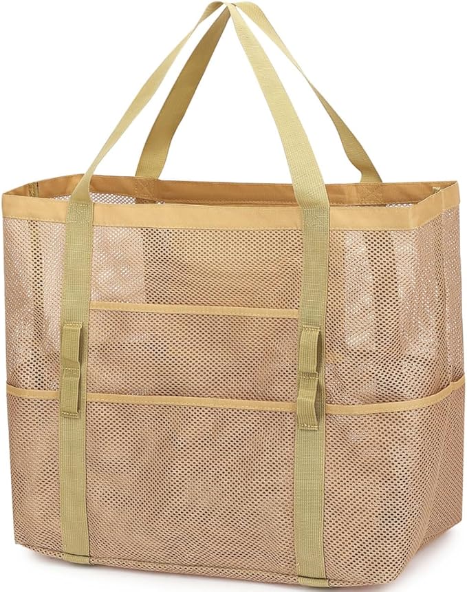 Mesh Beach Bag, Large Beach Tote with Zipper Pocket, Toys Pool Bag for Family Travel Vacation Cruise Essentials