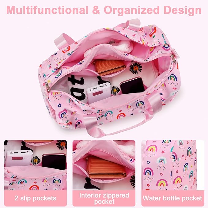Gym Bag Sports Duffle Bag with Wet Pocket Weekender Overnight Bags with Waterproof Shoe Pouch and Air Hole for Girls Kids Women Workout Travel Bags (Rainbow)