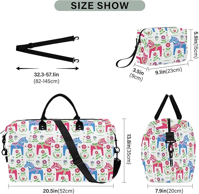 Travel Duffle Bag, Flower Horse Pattern Gym Bag with Storage Bag Weekender Overnight Bag for Men Women Trip Sports Yoga