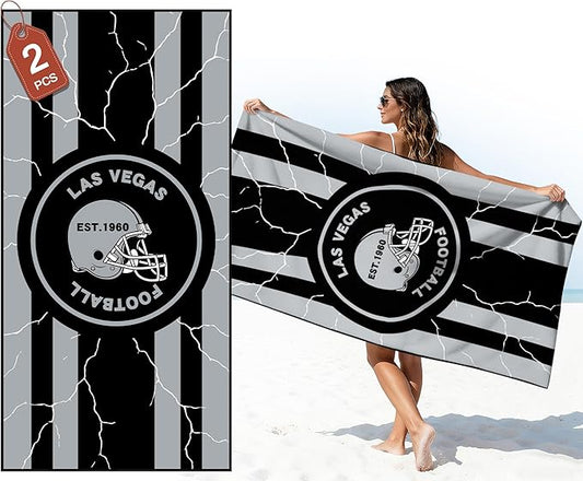 2 Pack Football Fan Thin Lightweight Microfiber Beach Towel Las Vegas City Themed Large Absorbent Oversized Towels Men Women Stuff Raiders Team Dad Husband Guy Him Birthday Anniversary Useful Gift