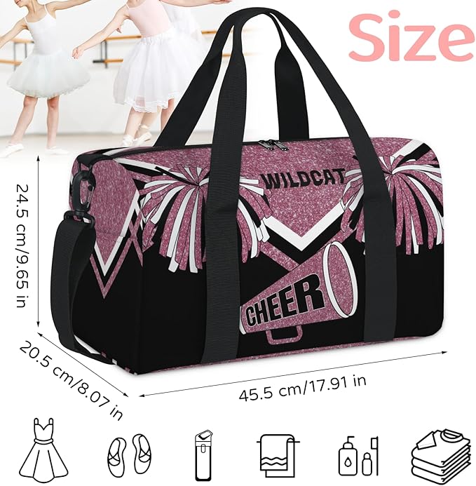 Custom Gym Dance Bag Cheerleading Theme, Personalized Dark Pink Glittering Cheerleader Sports Bag for Teens Waterproof Weekender Carry Practice Travel Tote