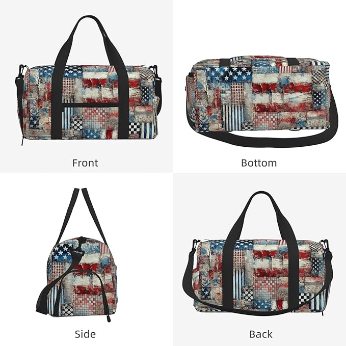 USA Flag Patchwork Print Gym Bag with Shoe Compartment for Women Men, 17.7in Sports Duffle Weekender Tote, Overnight Travel Duffel Bag Carry On