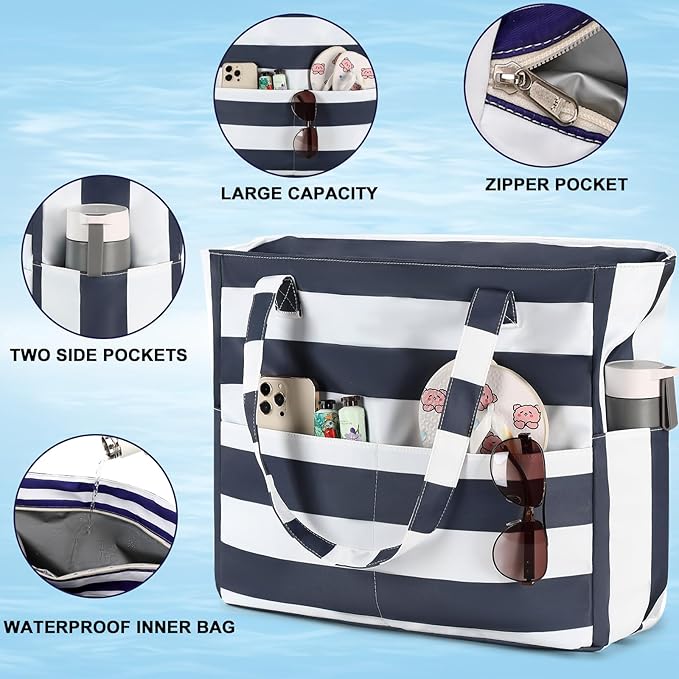 LEDAOU Beach Bag Waterproof Sandproof Women Beach Tote Pool Bag with Zipper for Swim Gym Grocery Travel with Wet Pocket | Sandproof, with Zipper, for Gym, Grocery, Travel, with Wet Pocket