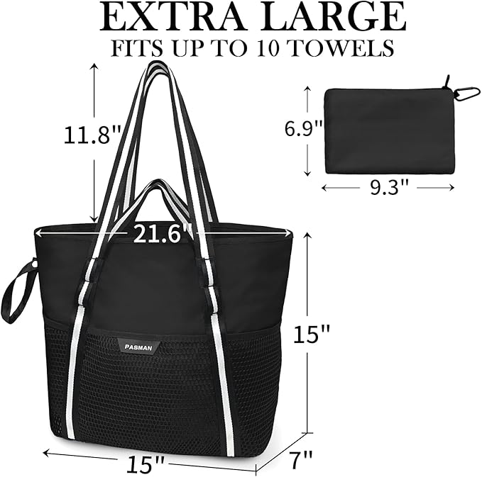 Large Beach Bag with Zipper-8 Pockets Sandproof Beach Tote Bag for Women,Foldable Lightweight Family Swim Bag Vacation