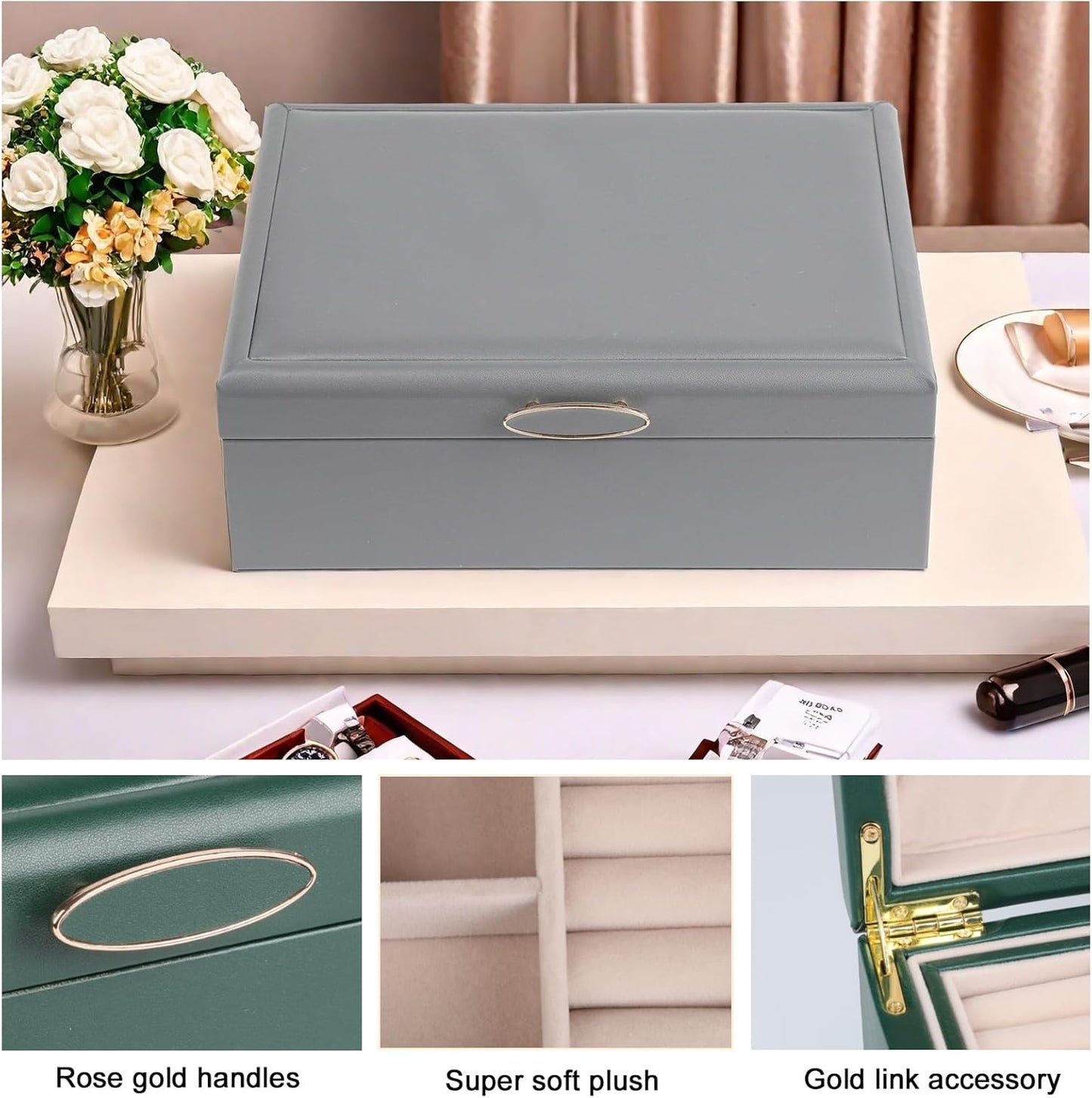 Small Jewelry Organizer for Women, 2-Layer Travel Jewelry Box with Portable Case, Necklace Ring Storage for Dresser, Girls Teens Gifts (Grey)