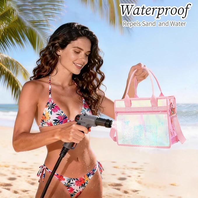 Iridescent Clear Beach Bag for Women, Large Pool Tote Cruise Vacation Essentials - Waterproof, Zipper Closure