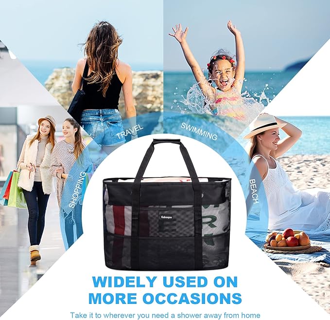KABAQOO Mesh Beach Bag, Extra Large Beach Bags with 9 Pockets & Zipper Waterproof Lightweight Beach Tote for Beach/Pool Trip | Extra Large, 9 Pockets, Zipper, Waterproof, Lightweight, Beach/Pool Trip