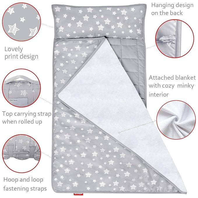 Toddler Nap Mat 2 Pack, Nap Mat for Kids Preschool, Daycare and Fleece Minky Blanket, Lightweight, Soft, Gray and Pink