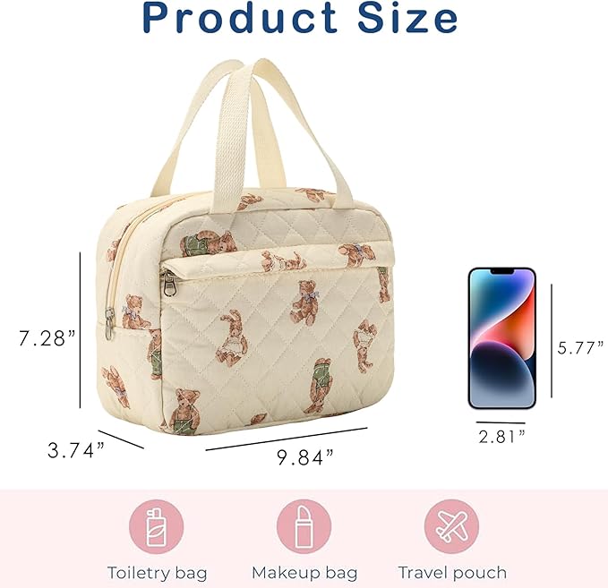 uekeboag Large Size Quilted Coquette Makeup Bag, Cute Preppy Floral Cotton Travel Cosmetic Organizer Bag with Top Handle, Multi-Layer Travel Toiletry Pouch for Girls (04Bear)